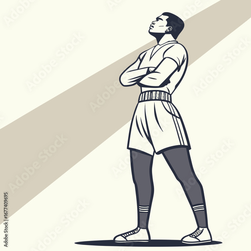 Confident boxer standing with arms crossed looking up