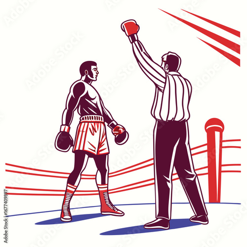 Referee raises boxer's arm in victory announcement