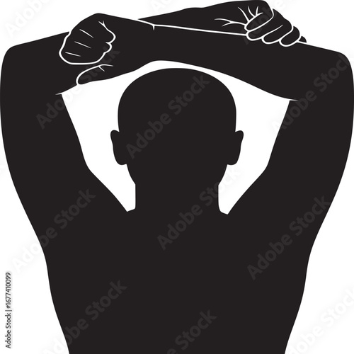 Silhouette of a bald person with arms raised and crossed behind their head against white background