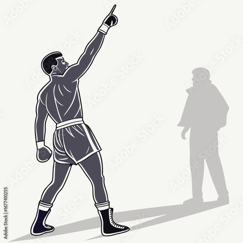 Victorious boxer raising arm with opponent's shadow