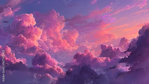 Dreamlike pink and purple cloudscape at sunset, showcasing fluffy, textured clouds against a vibrant, colorful sky