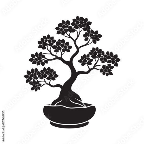 Bonsai Tree Silhouette With Rocks Illustration