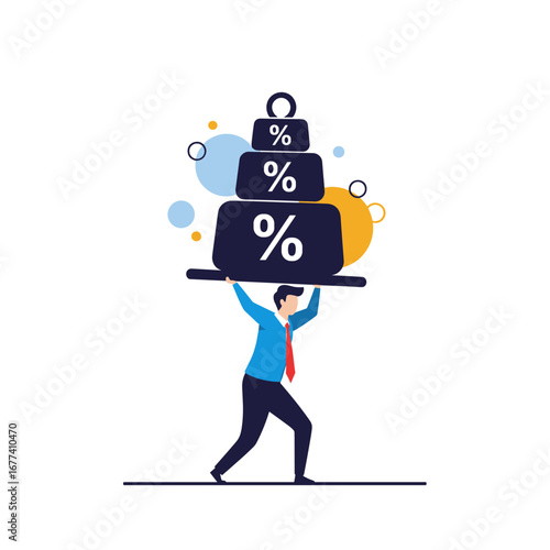 Man carrying heavy stack of percentage weights symbolizing financial burden and economic challenges