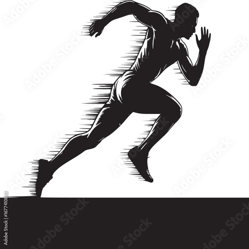 Silhouette of a man running with motion lines on a white background with black horizontal bar below