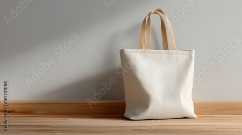 A minimalist tote bag mockup made of natural canvas, laying flat on a light-colored wooden floor