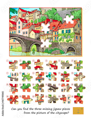 Can you find the three missing jigsaw pieces from the picture of the cityscape? Game find and search. Page for kids brain teaser book. Logic puzzle for children and adults. Flat hand drawn vector.