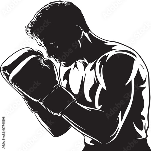 Silhouette of a boxer with gloves in a defensive pose against a white background in black and white