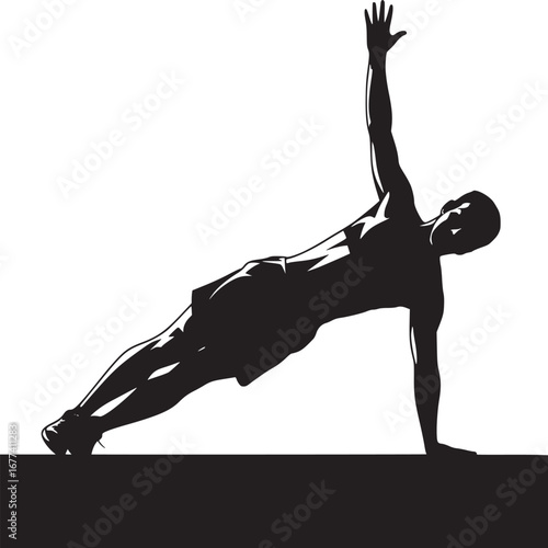 Silhouette of a man doing a side plank with his right arm raised against a white background