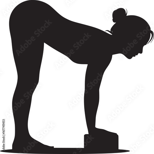 Silhouette of a woman in a standing forward bend yoga pose with hands on a block on white background