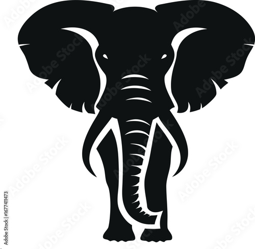 Stylized silhouette of an african elephant facing forward with large ears and tusks