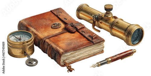 Vintage Explorer's Kit with Journal, Compass and Telescope Isolated