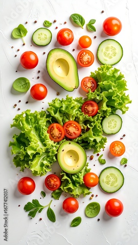 Fresh, vibrant arrangement of salad ingredients including tomatoes, avocado, lettuce, and cucumber, arranged on a white surface.