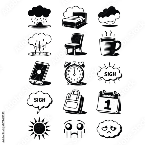 Black and white surreal mood vector icons with lonely figure, storm, dissolving bed, broken coffee mug, cracked phone, crying eyes, and calendar
