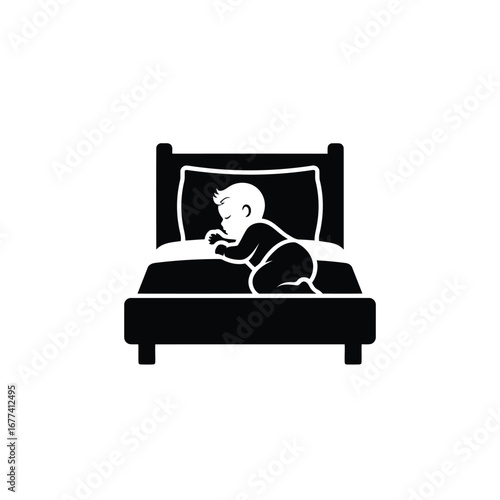 Photo of a baby sleeping peacefully in a crib on a white background