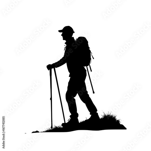 Silhouette hiker with trekking poles, adventure awaits