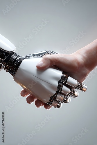 A metallic robot hand and a human hand shake in a neutral, modern setting.