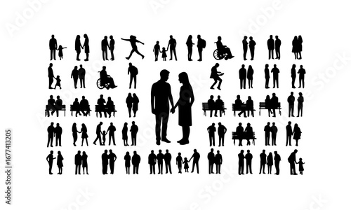 A collection of diverse human silhouettes engaged in various activities, including couples holding hands, families, individuals in wheelchairs, people sitting on benches, and groups stand