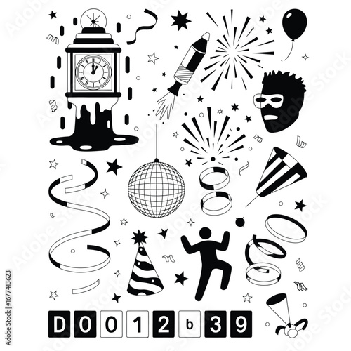 Black and white surreal celebration vector pack with melting clock, champagne rocket, disco ball, masked face, dancing figure, and balloons