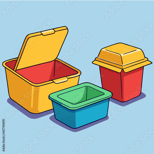 Colorful stackable food storage containers with lids for kitchen organization and meal prep vector illustration