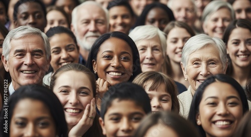 Diverse group of people of different ages smiling and looking at the camera with joy. Concept for community engagement, global representation, and social inclusivity
