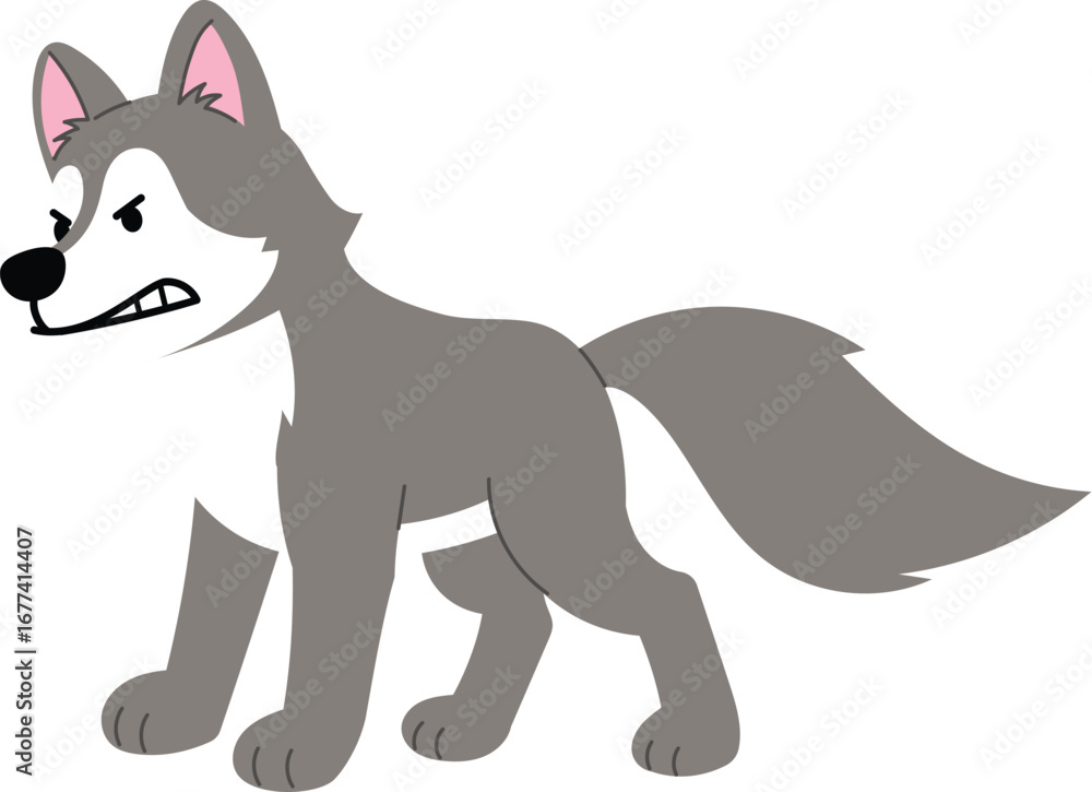 Fototapeta premium Snarling Gray Wolf Character, Cute Wolf Cartoon, Angry Playful Wolf Snarling , Happy Furry Coyote illustration