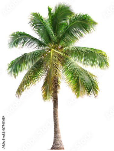 Coconut tree with textured trunk and large green fronds on transparent background