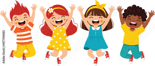 Happy cartoon children jumping together, joyful kids illustration, smiling boys and girls playing, fun childhood activity, cheerful friends vector art, clipart