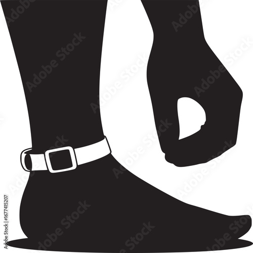 A black and white silhouette of a leg with an ankle monitor and a hand reaching down towards it