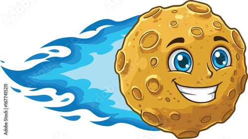 Smiling cartoon meteor, cute asteroid character with blue flame, cratered surface, space illustration for kids, playful cosmic design, animated object