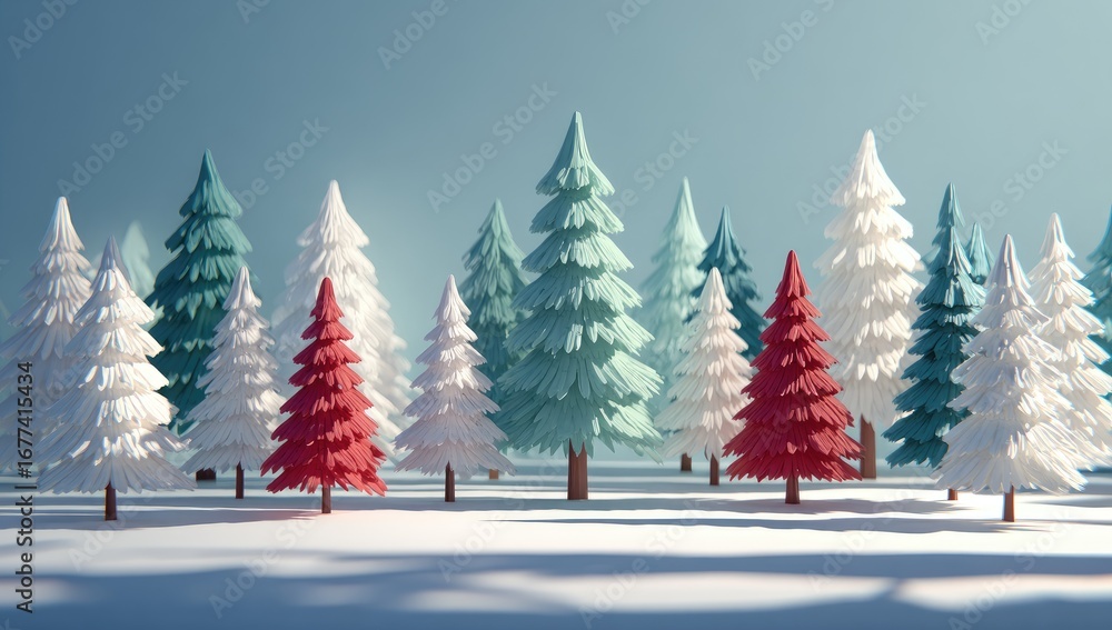 Obraz premium Stylized winter forest scene with pastel-colored evergreen trees, rendered in a low-poly, 3D aesthetic, set against a clear, light blue sky