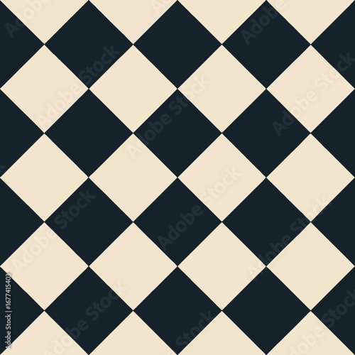 A seamless, repeating checkerboard pattern with diagonally oriented dark navy blue and cream-colored squares.