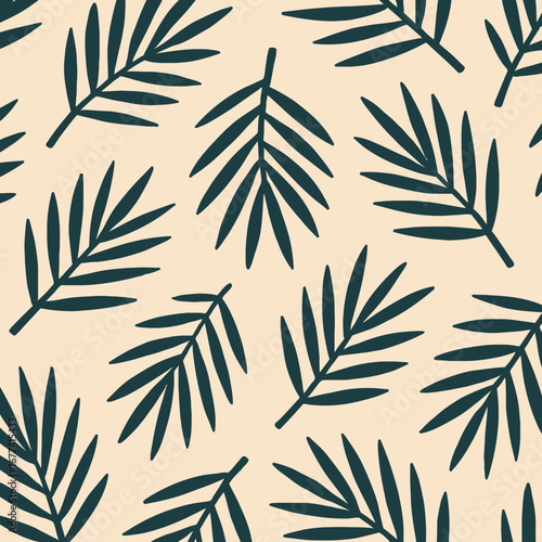 A seamless pattern featuring dark green tropical palm leaves scattered across a light beige background, creating a natural and decorative design.