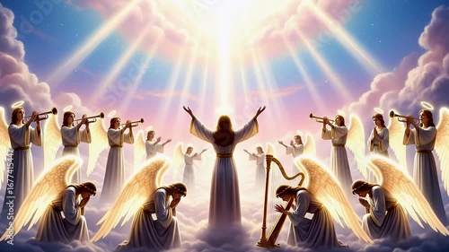 Angels in heaven worshiping with bright light and musical instruments