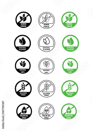 Natural flavors sign. Natural oil logo, GMO free, natural flavors, natural 100%, gluten free, palm oil free