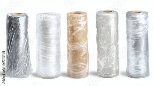 Rolls of plastic wrap in various colors and textures, arranged in a row, showcasing different types of packaging materials