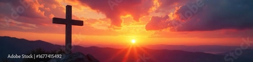 Wallpaper Mural Serene image of a wooden cross silhouetted against a vibrant sunset, conveying peace and hope Perfect for religious websites, meditation apps, or inspirational projects , bible, christ, sunset Torontodigital.ca