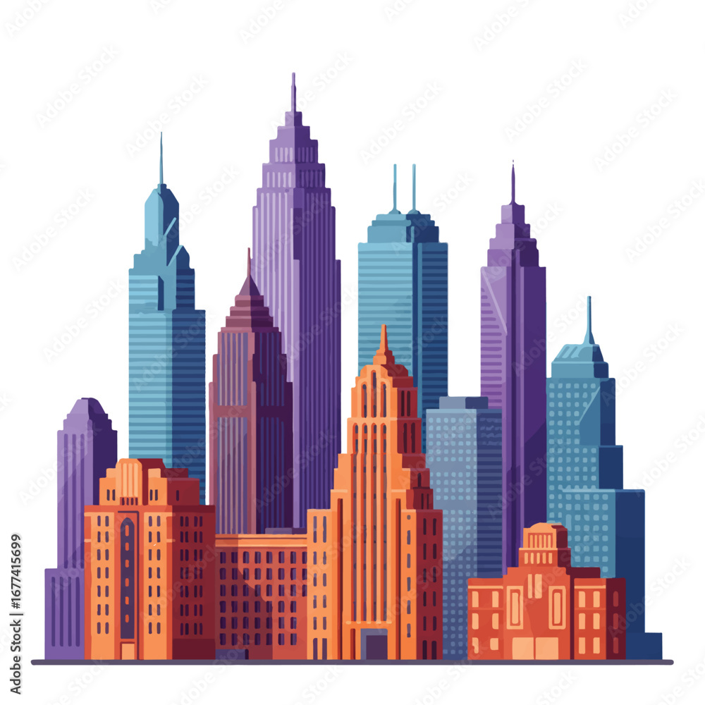 Naklejka premium A vibrant flat 2D vector illustration showcases a modern metropolitan skyline featuring diverse skyscrapers, precisely isolated on a clean white background.