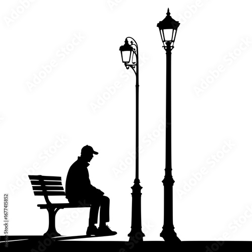 Solitary figure contemplates on bench under streetlights