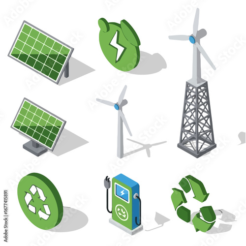 Renewable Energy and Sustainability Icons Set – Solar Panels, Wind Turbines, Electric Charging, Recycling Symbols