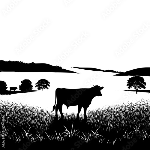 Stunning silhouette of cow grazing in rural pasture