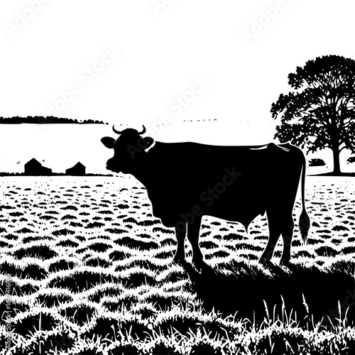 Cow grazing peacefully in rural black and white scene