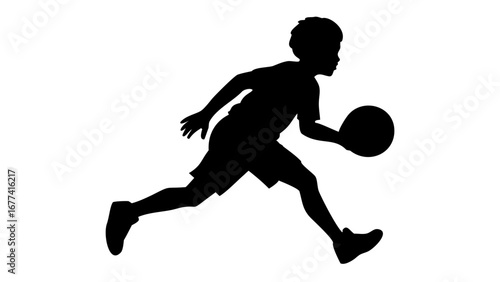Silhouette of a Boy Dribbling Basketball: A dynamic silhouette of a young boy dribbling a basketball with speed and agility, capturing the essence of sportsmanship and motion.