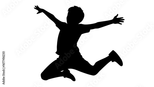 Joyful Leap: Silhouette of a child leaping through the air with arms outstretched, capturing a moment of pure, unadulterated joy and freedom against a vibrant backdrop.