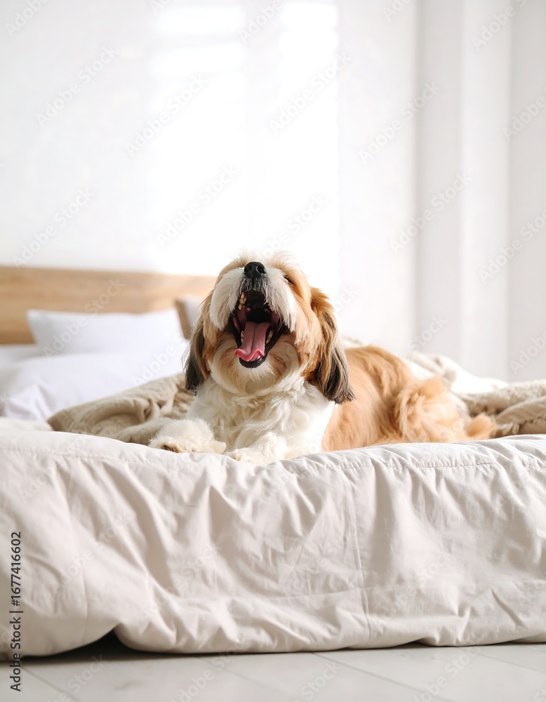 Obraz premium Dog yawning on a bed