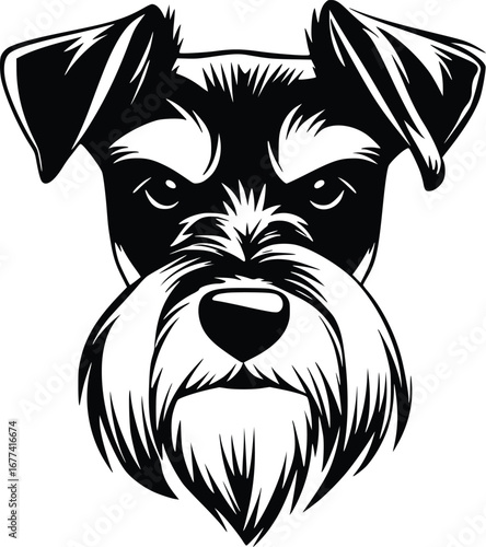 Miniature Schnauzer head silhouette with bushy eyebrows, beard, and pointed ears in bold black