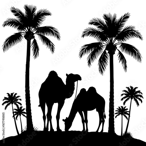 Serene desert oasis scene with majestic camels