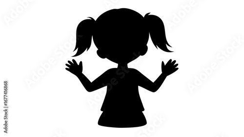 Silhouette of a Little Girl: A simple, black silhouette of a young girl with pigtails, her arms raised in a gesture of joy and innocence, isolated against a plain backdrop.
