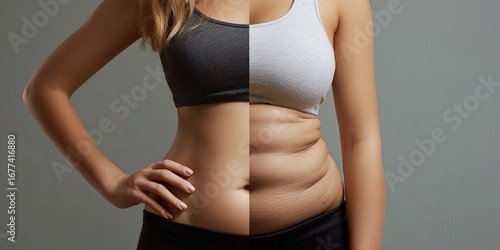 Conceptual Split Image of a Womans Body Contrasting a Slim, Toned Abdomen with Another Side Displaying Loose Skin and Weight Changes