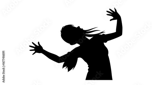 Dramatic Silhouette of Dancer: A dynamic black silhouette captures a female dancer mid-motion, her arms outstretched and expressive, embodying the intensity and passion of dance.