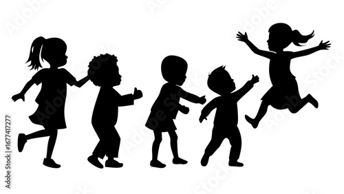 Playful Silhouette: A dynamic silhouette of children in playful forms with joyous and dynamic motions. Capturing the imagination and joy.